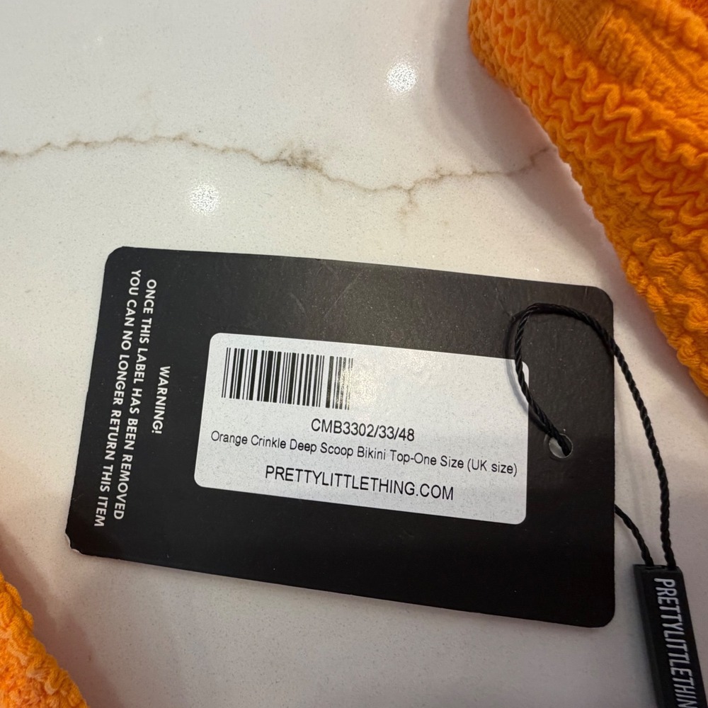 PrettyLittleThing Orange Crinkle Bikini Set Deep Scoop High Waist One Size NEW - Picture 5 of 8